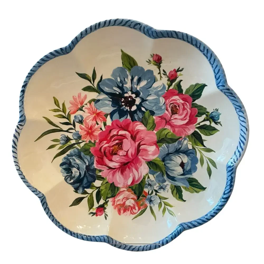 NEW Shabby Chic Floral Melamine Salad Plates 9in Set of 4 Scalloped Blue Border